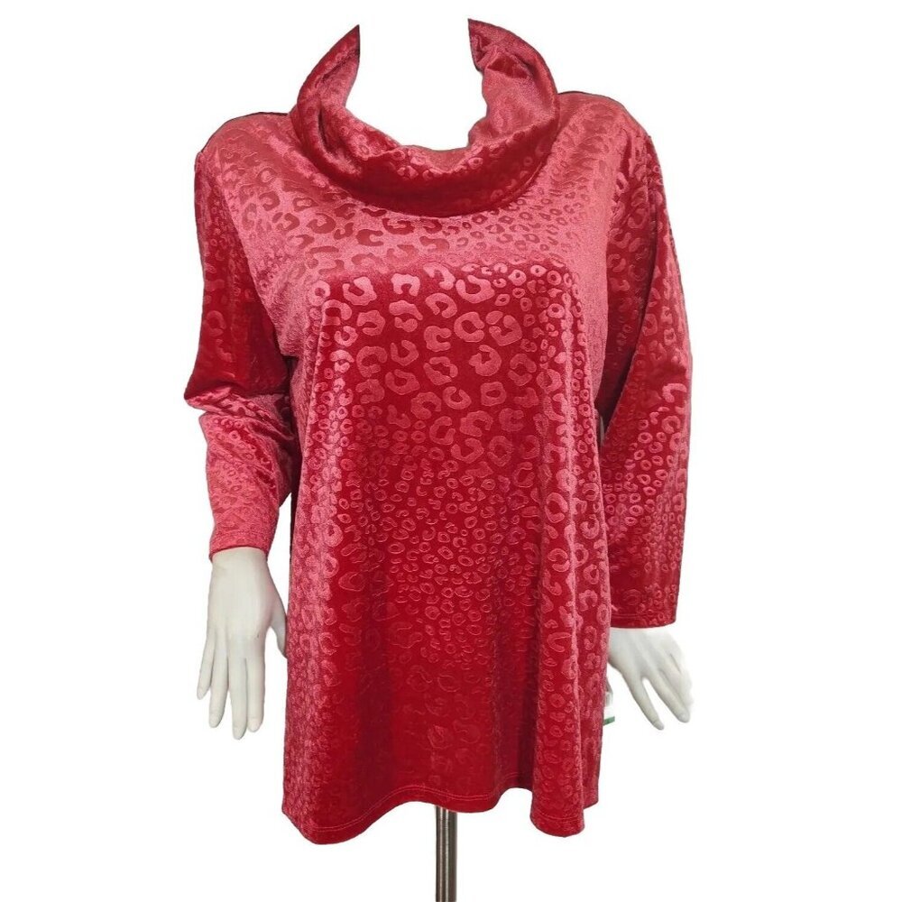 Ruby Rd Top Womens size L Red Tunic Cowl Neck Embossed Animal Print Strech (11)